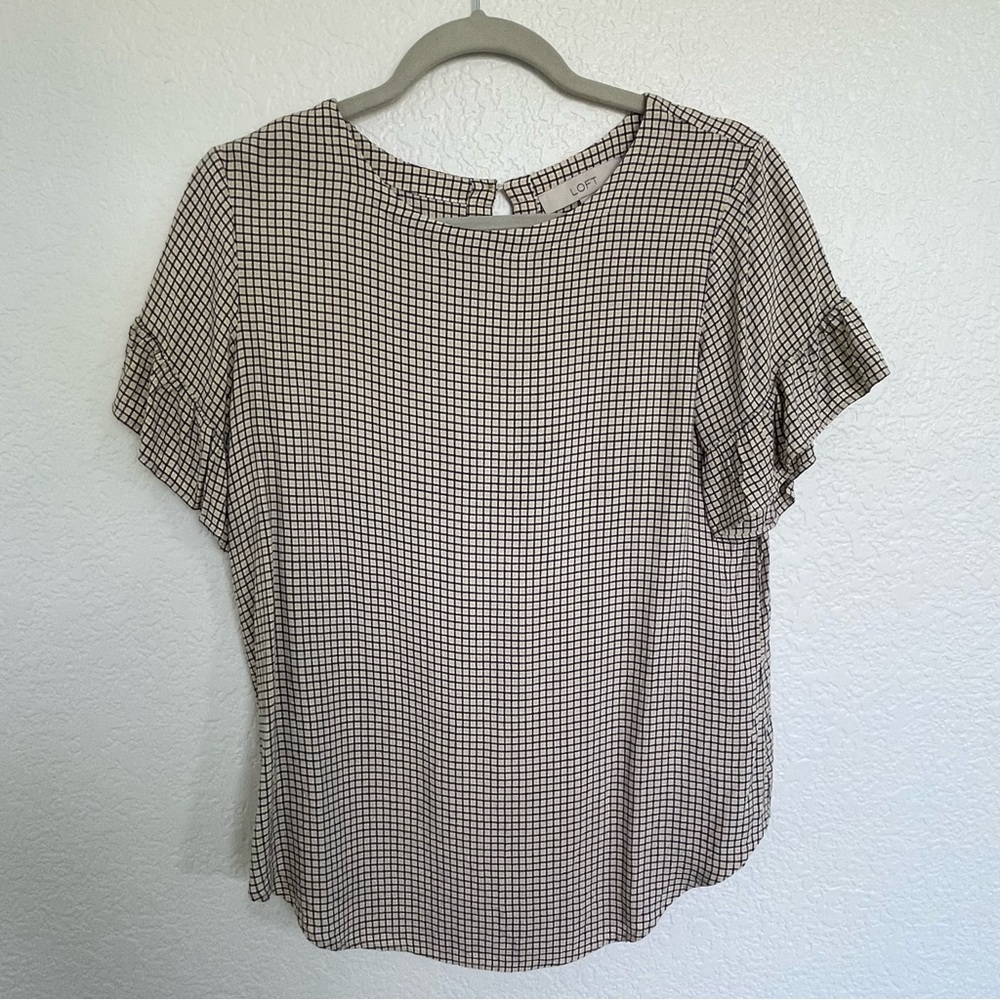 LOFT Black & Yellow Plaid Ruffle Sleeve Blouse - Size S